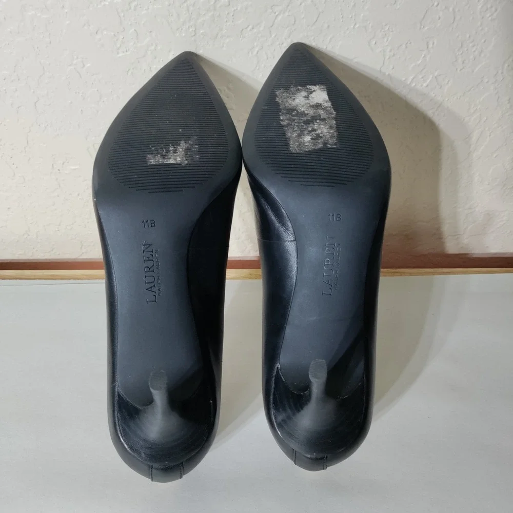 Lauren Ralph Lauren Womens Black Leather Pointed Toe Kitten Heel Pumps Size 11B